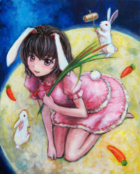 Rule 34 | 1girl, animal ears, black hair, rabbit, carrot, carrot necklace, dress, face, female focus, hammer, inaba tewi, jewelry, moon, necklace, oil painting (medium), painting (medium), pendant, rabbit ears, rabbit girl, rabbit tail, red eyes, short hair, solo, tafuto, tail, touhou, traditional media
