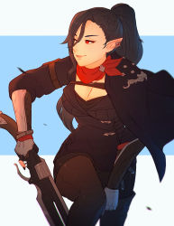 Rule 34 | 1girl, arm guards, black hair, boots, breasts, cleavage, earrings, elezen, elf, final fantasy, final fantasy xiv, fingerless gloves, gloves, gunblade, gunbreaker (final fantasy), hair between eyes, hilda ware, hybrid, hyur, jewelry, koyorin, long hair, medium breasts, one eye closed, pointy ears, ponytail, red eyes, scarf, simple background, smile, solo, thigh boots, thighhighs, two-tone background, weapon