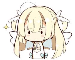 Rule 34 | 1girl, ahoge, angel, angel wings, ascot, blonde hair, blunt bangs, blunt ends, blush stickers, chibi, closed mouth, commentary, hair between eyes, long hair, looking at viewer, sesen2000, shirayuki noa, sidelocks, simple background, smile, solo, tenshi souzou re-boot!, two side up, upper body, very long hair, white ascot, white background, wing hair ornament, wings