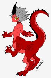 Rule 34 | 1boy, ano5102, centauroid, colored skin, dragon boy, grey hair, highres, horns, male focus, monster boy, original, red skin, short hair, simple background, single horn, solo, taur, twitter username, white background, yellow eyes