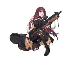 Rule 34 | 1girl, :o, black dress, black footwear, black gloves, black pantyhose, breasts, choker, dress, duoyuanjun, full body, girls&#039; frontline, gloves, gun, half gloves, high heels, holding, holding gun, holding weapon, large breasts, long hair, looking away, official alternate costume, official art, on one knee, open mouth, pantyhose, purple hair, red eyes, rifle, shoes, sidelocks, single glove, sniper rifle, solo, thighband pantyhose, torn clothes, torn dress, torn pantyhose, transparent background, v-shaped eyebrows, very long hair, wa2000 (ballroom interlude) (girls&#039; frontline), wa2000 (girls&#039; frontline), weapon