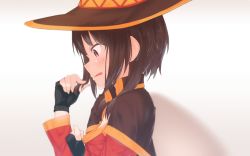 Rule 34 | 1girl, azuki g, black gloves, blurry, blush, cape, clothes pull, collar, commentary request, depth of field, dress, dress pull, fingerless gloves, gloves, hand in own hair, hat, kono subarashii sekai ni shukufuku wo!, megumin, profile, red dress, red eyes, short hair with long locks, solo, upper body, witch hat
