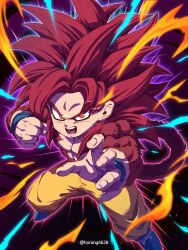 1boy absurdres body_fur chibi dragon_ball dragon_ball_daima full_body highres horang4628 long_hair male_focus monkey_tail orange_pants pants red_fur red_hair red_tail solo son_goku spiked_hair tail topless_male twitter_username yellow_eyes