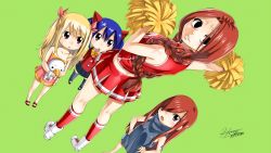 Rule 34 | 4girls, alternate age, artist name, blonde hair, blue hair, braid, brown eyes, cheerleader, child, crazy eyes, erza scarlet, fairy tail, flare corona, hair ornament, highres, long hair, looking at viewer, lucy heartfilia, mashima hiro, multiple girls, official art, official wallpaper, plue, pom pom (cheerleading), red hair, scar, tattoo, twintails, wallpaper, wendy marvell, aged down