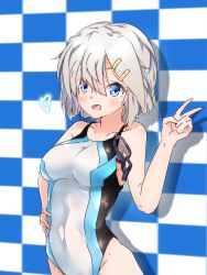 Rule 34 | 1girl, blue eyes, blush, breasts, checkered wall, collarbone, competition swimsuit, covered navel, goggles, hair between eyes, hair ornament, hair over one eye, hairclip, halkawa501, hamakaze (kancolle), hand on own hip, heart, highres, impossible clothes, kantai collection, large breasts, looking at viewer, messy hair, one-piece swimsuit, open mouth, shadow, short hair, silver hair, solo, swimsuit, tongue, upper body, v, wall