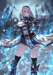 Rule 34 | 1girl, absurdres, armor, aura, belt, black belt, black gloves, black thighhighs, blue shirt, blue skirt, braid, breasts, castle, center opening, cleavage, closed mouth, coattails, commentary, cowboy shot, crossed bangs, fingerless gloves, floating clothes, glint, gloves, green eyes, grey sky, hair between eyes, hara kenshi, highres, holding, holding weapon, hololive, huge filesize, large breasts, leg armor, looking at viewer, mace, medium hair, miniskirt, outdoors, parted lips, pelvic curtain, petals, pleated skirt, shirogane noel, shirogane noel (1st costume), shirt, shoulder armor, silver hair, single braid, skirt, sky, smile, solo, standing, thighhighs, thighs, tiara, vambraces, virtual youtuber, weapon