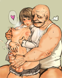 Rule 34 | 2boys, 2n5, age difference, ahegao, bad id, blush, breasts, cum, green eyes, handjob, heart, heart-shaped pupils, heavy breathing, highres, lips, multiple boys, nipple pull, nipple stimulation, nipples, old, old man, open mouth, penis, short hair, short shorts, shorts, sweat, symbol-shaped pupils, thick thighs, thighs, trap, yaoi