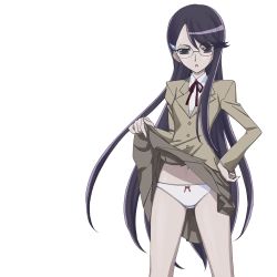 Rule 34 | 10s, 1girl, black eyes, black hair, blazer, bow, bow panties, clothes lift, female focus, flat chest, glasses, hair ornament, hairclip, hand on own hip, heartcatch precure!, hip focus, jacket, long hair, lowres, navel, okiyumi kase, panties, pleated skirt, precure, ribbon, school uniform, simple background, skirt, skirt lift, solo, thighs, tsukikage yuri, underwear, very long hair, white background, white panties
