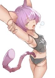 Rule 34 | 1girl, animal ears, arm over head, ass, butt crack, cat ears, cat tail, doll joints, green eyes, joints, mogumo, open mouth, original, purple hair, simple background, sketch, sleepy, solo, stretching, tail, white background