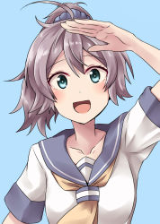 Rule 34 | 10s, 1girl, :d, ahoge, aoba (kancolle), aqua eyes, arm up, blue background, breasts, collarbone, hair ornament, hair scrunchie, highres, kamelie, kantai collection, looking at viewer, medium breasts, messy hair, neckerchief, open mouth, ponytail, purple hair, salute, school uniform, scrunchie, serafuku, short sleeves, silver hair, simple background, smile, solo, upper body