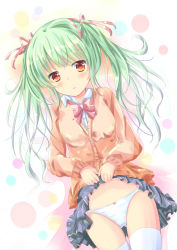 Rule 34 | 1girl, black skirt, blush, bow, bow panties, bowtie, brown eyes, cardigan, clothes lift, collared shirt, commentary request, dress shirt, dutch angle, green hair, hair ribbon, lifted by self, long hair, long sleeves, looking at viewer, original, panties, parted lips, pink bow, pink bowtie, pink ribbon, pleated skirt, ribbon, school uniform, shihou haru, shirt, skirt, skirt lift, solo, thighhighs, twintails, underwear, white panties, white shirt, white thighhighs