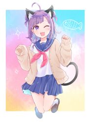 Rule 34 | ahoge, animal ears, cat ears, cat tail, check (check book), commentary request, fang, full body, hanayori jyoshiryou, jacket, jumping, kohigashi hitona, long sleeves, looking at viewer, one eye closed, open mouth, purple eyes, purple hair, school uniform, short hair, solo, tail, virtual youtuber