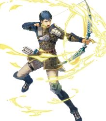 Rule 34 | 1boy, arrow (projectile), aura, belt, blue hair, boots, bow (weapon), brown eyes, fingerless gloves, fire emblem, fire emblem echoes: shadows of valentia, fire emblem heroes, full body, gloves, highres, male focus, nintendo, official art, open mouth, python (fire emblem), quiver, solo, suda ayaka, teeth, transparent background, weapon