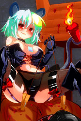 Rule 34 | 1girl, animal ears, black bra, black gloves, black panties, boots, bra, candle, choker, dominatrix, elbow gloves, fang, female focus, femdom, garter belt, garter straps, gin (shioyude), gloves, green hair, grin, highres, jewelry, lace, lace-trimmed legwear, lace trim, latex, latex bra, latex gloves, latex panties, lingerie, midriff, mouse ears, mouse tail, nazrin, necklace, nipple clamps, nipples, panties, pendant, red eyes, revision, smile, solo, tail, thigh boots, thighhighs, touhou, underwear, wax, wooden horse