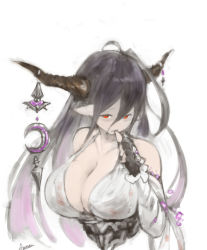 Rule 34 | 10s, 1girl, bandaged arm, bandages, black gloves, breasts, cleavage, collarbone, crescent, danua, draph, dress, finger to mouth, fingerless gloves, gloves, granblue fantasy, hair between eyes, highres, horn ornament, horns, huge breasts, long hair, n9+, pale skin, pointy ears, purple hair, red eyes, simple background, solo, upper body, white background, white dress