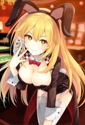 Rule 34 | + +, 1girl, animal ears, blonde hair, bow, bowtie, breasts, card, casino, cleavage, closed mouth, commentary request, detached collar, fake animal ears, fake tail, garter straps, highres, holding, holding card, indoors, jacket, k3rd, large breasts, leaning forward, leotard, long hair, looking at viewer, nail polish, playboy bunny, playing card, queen (playing card), queen of hearts (playing card), rabbit ears, rabbit tail, red bow, red bowtie, shokuhou misaki, smile, solo, strapless, strapless leotard, symbol-shaped pupils, tail, toaru kagaku no railgun, toaru majutsu no index, very long hair, white legwear, yellow eyes, yellow nails