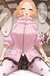 Rule 34 | !, !!, 1girl, blush, breasts, brown eyes, brown hair, commentary request, covered erect nipples, girl on top, heart, heart-shaped pupils, highres, holding legs, kurosususu, large breasts, okumura haru, pantyhose, persona, persona 5, pink sweater, plaid, plaid skirt, pov, print legwear, ribbed sweater, short hair, sitting, sitting on person, skirt, smile, spoken heart, star (symbol), star print, straddling, sweater, symbol-shaped pupils, translated, turtleneck, turtleneck sweater, white pantyhose, zipper