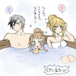 Rule 34 | 2girls, aqua eyes, bare shoulders, bath, blonde hair, blush, breasts, brown hair, elle mel marta, gradient background, grey hair, long hair, lowres, ludger will kresnik, milla (fractured), multicolored hair, multiple girls, open mouth, pink eyes, short hair, sparkle, tales of (series), tales of xillia, tales of xillia 2, towel, translation request, water