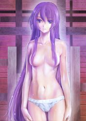 Rule 34 | 00s, 1girl, bakemonogatari, breasts, censored, convenient censoring, hair censor, hair over breasts, long hair, looking at viewer, medium breasts, monogatari (series), navel, panties, panties only, print panties, purple eyes, purple hair, senjougahara hitagi, solo, striped clothes, striped panties, topless, underwear, underwear only, very long hair, yusao