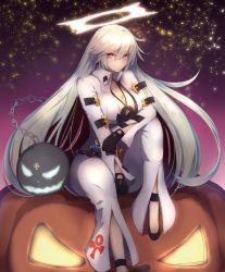 Rule 34 | 1girl, black gloves, breasts, chain, cleavage, closed mouth, collarbone, gloves, guilty gear, high heels, highres, jack-o&#039;-lantern, jack-o&#039; valentine, large breasts, long hair, looking at viewer, red eyes, sitting, smile, solo, very long hair, white hair, yonaga san