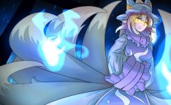 Rule 34 | 1girl, animal hat, blonde hair, blue fire, closed mouth, dress, fire, fox tail, frilled sleeves, frills, glowing, glowing eyes, hands in opposite sleeves, hat, kitsune, kyuubi, long sleeves, looking at viewer, mob cap, multiple tails, satou rin (gobugabuge), short hair, solo, tabard, tail, touhou, white dress, wide sleeves, yakumo ran, yellow eyes