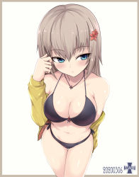 Rule 34 | 1girl, bikini, black bikini, blue eyes, blush, border, breasts, brown border, cleavage, closed mouth, commentary, cross, cross necklace, dated, emblem, flower, front-tie bikini top, front-tie top, girls und panzer, hair flower, hair ornament, half-closed eyes, halterneck, hand in own hair, highres, itsumi erika, jacket, jewelry, kasai shin, kuromorimine (emblem), long sleeves, medium breasts, medium hair, necklace, no pants, off shoulder, side-tie bikini bottom, silver hair, skindentation, solo, standing, swimsuit, thigh gap, white background, yellow jacket