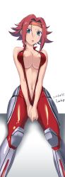 Rule 34 | 1girl, absurdres, areola slip, blue eyes, bodysuit, breasts, code geass, dated, fumie umetora, headband, highres, kouzuki kallen, large breasts, looking at viewer, navel, red bodysuit, red hair, red headband, shiny skin, short hair, simple background, solo, sweat, white background