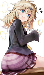 Rule 34 | +++, 1girl, :d, antenna hair, aqua eyes, aqua nails, ass, black shirt, blonde hair, blush, commentary request, efe, eyelashes, fang, from behind, from below, hair between eyes, hand up, happy, highres, kasukabe tsumugi, long hair, looking at viewer, miniskirt, mole, mole under eye, nail polish, necktie, open mouth, plaid, plaid skirt, pleated skirt, purple skirt, shirt, simple background, sitting, skin fang, skirt, sleeves past wrists, smile, solo, speech bubble, spiked hair, voiceroid, white background, yellow necktie