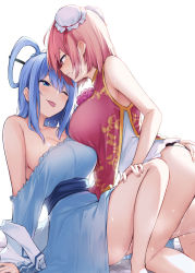 Rule 34 | 2girls, ;), ;p, bare shoulders, blue dress, blue eyes, blue hair, blue sash, blush, borushichi, breasts, bun cover, cleavage, commentary request, double bun, dress, feet out of frame, flower, from side, hair between eyes, hair bun, hair ornament, hair rings, hair stick, head tilt, highres, ibaraki kasen, kaku seiga, kneeling, large breasts, long hair, looking at another, multiple girls, off-shoulder dress, off shoulder, one eye closed, pink flower, pink hair, pink rose, profile, rose, sash, simple background, sitting, sleeveless, smile, suggestive fluid, thighs, tongue, tongue out, touhou, white background, yuri
