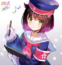 Rule 34 | 1girl, artist name, black hair, blue hat, blue shirt, character name, drawing, drawing tablet, fuzichoco, girls&#039; frontline, gloves, green eyes, hat, highres, holding, holding drawing tablet, holding pencil, long sleeves, looking at viewer, pencil, red neckwear, sailor collar, shirt, short hair, sleeves past wrists, solo, type 4 (girls&#039; frontline), white gloves, white sailor collar