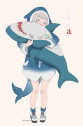 Rule 34 | 1girl, animal hood, blu00e5haj, blue eyes, blue hair, blue hoodie, blue socks, commentary, cross-laced footwear, english commentary, fangs, fins, fish tail, full body, gawr gura, gawr gura (1st costume), highres, holding, holding stuffed toy, hololive, hololive english, hood, hoodie, ikea shark, looking at viewer, multicolored hair, open mouth, shark hood, shark tail, sharp teeth, shoes, short hair, silver hair, simple background, sneakers, socks, solo, standing, streaked hair, stuffed animal, stuffed shark, stuffed toy, tail, tan background, teeth, twitter username, vinhnyu, virtual youtuber, white footwear