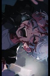 Rule 34 | 1boy, blood, blood on face, blood on hands, closed eyes, ear piercing, hand up, highres, jacket, kpnoks, male focus, open mouth, original, piercing, short hair, smile, solo, white hair