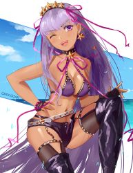 Rule 34 | 1girl, ;d, bare arms, bare shoulders, bb (fate), bb (fate) (all), bb (swimsuit mooncancer) (fate), bb (swimsuit mooncancer) (second ascension) (fate), beach, belt, bikini, bikini under clothes, black footwear, black gloves, black shorts, black thighhighs, blue sky, boots, breasts, chocojax, cleavage, cloud, cloudy sky, collarbone, commentary, day, fate (series), fingerless gloves, gloves, gold trim, hand on own hip, head tilt, highres, horizon, light purple hair, long hair, looking at viewer, loose belt, medium breasts, micro shorts, navel, ocean, one eye closed, open clothes, open fly, open mouth, open shorts, outside border, purple bikini, purple eyes, shiny skin, shorts, sideboob, sky, smile, solo, swimsuit, tan, thigh boots, thighhighs, thighhighs under boots, unbuttoned, v-shaped eyebrows, very long hair, white belt