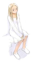 Rule 34 | bad id, bad pixiv id, blonde hair, brown eyes, dress, imo cyber, simple background, solo, tagme, white background, white theme