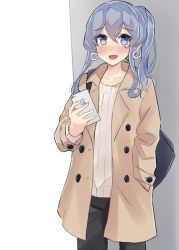 Rule 34 | 1girl, absurdres, alternate costume, bag, black pants, blue eyes, blue hair, blush, brown coat, cellphone, coat, commentary request, cowboy shot, dokuganryuu, earrings, gotland (kancolle), hair bun, hand in pocket, highres, hoop earrings, iphone, jewelry, kantai collection, long hair, looking at viewer, mole, mole under eye, one-hour drawing challenge, open mouth, pants, phone, single hair bun, smartphone, smile, solo