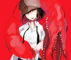 Rule 34 | 1girl, brown hair, brown hat, chest mouth, collarbone, disembodied head, eldritch abomination, extra mouth, hat, highres, lifted by self, lower teeth only, monster, multicolored hair, open mouth, original, red background, red hair, red theme, sharp teeth, solo, teeth, tongue, yellow eyes, yorurokujuu
