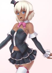 Rule 34 | 1girl, :o, armpits, bare shoulders, black detached sleeves, black hat, black skirt, blue eyes, blush, bow, bowtie, breasts, commentary request, dark-skinned female, dark elf, dark skin, detached collar, detached sleeves, elf, female focus, finalcake, frilled skirt, frilled sleeves, frills, gradient background, hat, layered skirt, lips, long sleeves, looking at viewer, mini hat, mini top hat, navel, neck, open mouth, original, pink background, pink bow, pink bowtie, pointy ears, round teeth, short hair, skirt, small breasts, solo, stomach, strapless, teeth, thighhighs, top hat, walking, white hair, white thighhighs, zettai ryouiki