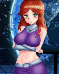 Rule 34 | 1girl, bare shoulders, black clover, blush, breasts, closed mouth, cosplay, dc comics, green eyes, guolfeich, highres, large breasts, long hair, rebecca scarlet, red hair, skirt, starfire, tagme, teen titans