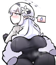 Rule 34 | 1girl, ass, ass grab, black gloves, black pants, blue archive, blush, braid, bright pupils, cameltoe, closed mouth, disembodied hand, ear piercing, elf, embarrassed, french braid, from behind, gloves, grey eyes, grey hair, groping, hairband, halo, highres, himari (blue archive), jacket, long hair, mole, mole under eye, narrowed eyes, pants, piercing, pointy ears, profile, shoeguy, simple background, smelling sweaty pussy, solo, spoken sweatdrop, spread pussy under clothes, steam, steaming body, sweatdrop, thigh gap, thighs, very long hair, white background, white jacket, white pupils, yoga pants