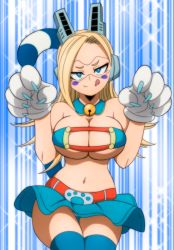Rule 34 | 10s, 1girl, :q, animal hands, bare arms, bare shoulders, bell, bikini, blonde hair, blue background, blue bikini, blue eyes, blue thighhighs, boku no hero academia, boots, breasts, cameltoe, cat tail, cleavage, cowboy shot, curvy, detached collar, diffraction spikes, facing viewer, gloves, highres, jingle bell, large breasts, legs together, long hair, looking at viewer, medium breasts, midriff, miniskirt, neck bell, no bra, panties, panty peek, paw gloves, pixie-bob (boku no hero academia), revealing clothes, skirt, solo, standing, swimsuit, tail, thigh gap, thighhighs, thighs, tinted eyewear, tongue, tongue out, underboob, underwear, visor, yamamoto doujin, zettai ryouiki