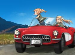 Rule 34 | 2girls, annin musou, blue jacket, blue sky, brooklyn (kancolle), blowing bubbles, car, chevrolet, chevrolet corvette, chevrolet corvette c1, chewing gum, cloud, commentary request, day, flower, green shirt, hair flower, hair ornament, honolulu (kancolle), jacket, kantai collection, left-hand drive, motion blur, motor vehicle, mountain, multiple girls, outdoors, shirt, sky
