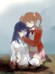 Rule 34 | 2girls, aaniko, aki (misao), blazer, blood, blood on clothes, blue hair, blunt bangs, blush, bow, brown footwear, closed eyes, closed mouth, collared shirt, crying, crying with eyes open, dirty, dirty clothes, hair bow, hand on another&#039;s cheek, hand on another&#039;s face, jacket, light smile, loafers, long hair, misao, misao (misao), multiple girls, on ground, open clothes, open jacket, pink bow, red neckwear, school uniform, seiza, shirt, shoes, sitting, sketch, spoilers, tears, thighhighs, translated, twintails, white legwear, white shirt, wing collar