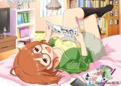 Rule 34 | 1girl, ahoge, araki hina, bed sheet, black socks, blush, book, bookshelf, breasts, brown-framed eyewear, brown eyes, brown hair, cellphone, character request, collarbone, crossed legs, figure, glasses, grey skirt, head on pillow, holding, holding book, idolmaster, idolmaster cinderella girls, idolmaster cinderella girls starlight stage, indoors, jacket, charm (object), knees up, leg up, long sleeves, looking at viewer, lying, medium breasts, messy hair, monitor, nao3675, on back, on bed, open clothes, open jacket, open mouth, phone, pleated skirt, poster (object), semi-rimless eyewear, shirt, short hair, skirt, smartphone, smile, socks, solo, track jacket, trash can, twitter username, under-rim eyewear, yellow shirt