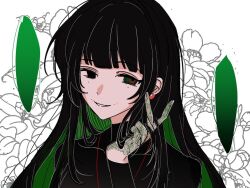 Rule 34 | 1girl, black eyes, black hair, blunt bangs, chinese commentary, colored inner hair, commentary request, green eyes, green hair, hand up, heterochromia, long hair, long sleeves, mole, mole beside mouth, mole under each eye, mole under eye, multicolored hair, multiple moles, naihe (touqi guaitan) (female), portrait, smile, solo, touqi guaitan, turtleneck, two-tone hair, wockand