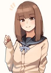Rule 34 | 1girl, black sailor collar, black shirt, blue bow, bow, brown cardigan, brown eyes, brown hair, cardigan, closed mouth, commentary request, hand up, highres, kapatarou, long sleeves, looking at viewer, notice lines, original, sailor collar, school uniform, serafuku, shirt, simple background, sleeves past wrists, smile, solo, thick eyebrows, upper body, white background