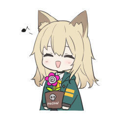 Rule 34 | 1girl, :d, ^ ^, animal ear fluff, animal ears, arknights, black choker, black skirt, blonde hair, blush, bow, chibi, choker, closed eyes, collared shirt, cropped torso, eighth note, english text, facing viewer, flower, flower pot, hair between eyes, holding, long hair, musical note, open mouth, podenco (arknights), purple flower, shirt, simple background, skirt, skull print, smile, solo, sutorora, upper body, white background, white shirt, yellow bow