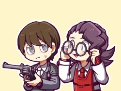 Rule 34 | 2boys, @ @, armor, breastplate, brown hair, closed mouth, collared shirt, commentary request, employee (project moon), eyebrows hidden by hair, unworn eyewear, frown, glasses, grey eyes, grey jacket, gun, half-closed eyes, hatake shimeji, holding, holding gun, holding removed eyewear, holding weapon, jacket, lobotomy corporation, long sleeves, male focus, multiple boys, necktie, no nose, open mouth, outline, project moon, purple hair, red necktie, shirt, short hair, shoulder armor, simple background, smile, traditional media, weapon, white jacket, white necktie, white outline, white shirt, yellow background