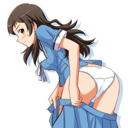 Rule 34 | 1girl, ass, blouse, blue ribbon, blue shirt, blue skirt, blush, brown eyes, brown hair, closed mouth, clothes pull, commentary request, cowboy shot, crotch seam, dressing, frown, idolmaster, idolmaster million live!, kitazawa shiho, leaning forward, lielos, long hair, looking at viewer, looking back, neck ribbon, open clothes, open skirt, panties, partial commentary, pulled by self, ribbon, school uniform, shadow, shirt, short sleeves, simple background, skirt, skirt pull, solo, standing, summer uniform, summer uniform series (idolmaster), underwear, white background, white panties