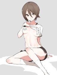 Rule 34 | 10s, 2girls, bad id, bad twitter id, breasts, brown eyes, brown hair, censored, censored nipples, clothes lift, colorized, full body, girls und panzer, grey background, groin, highres, itsumi erika, kofunami nana, legs, looking at viewer, multiple girls, navel, nishizumi maho, no bra, shirt lift, short hair, sitting, socks, solo focus, sportswear, stomach, translation request