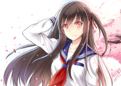 Rule 34 | 1girl, absurdres, allenes, arm behind head, artist name, brown hair, cherry blossoms, dated, hair ornament, highres, long hair, long sleeves, looking at viewer, neckerchief, one side up, original, red eyes, red neckerchief, school uniform, serafuku, shirt, side ponytail, signature, simple background, solo, upper body, very long hair, white shirt